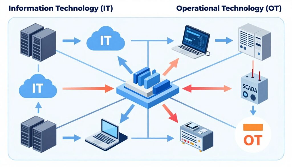 Diagram showing IT-OT convergence with connected industrial systems Diagram showing IT-OT convergence with connected industrial systems