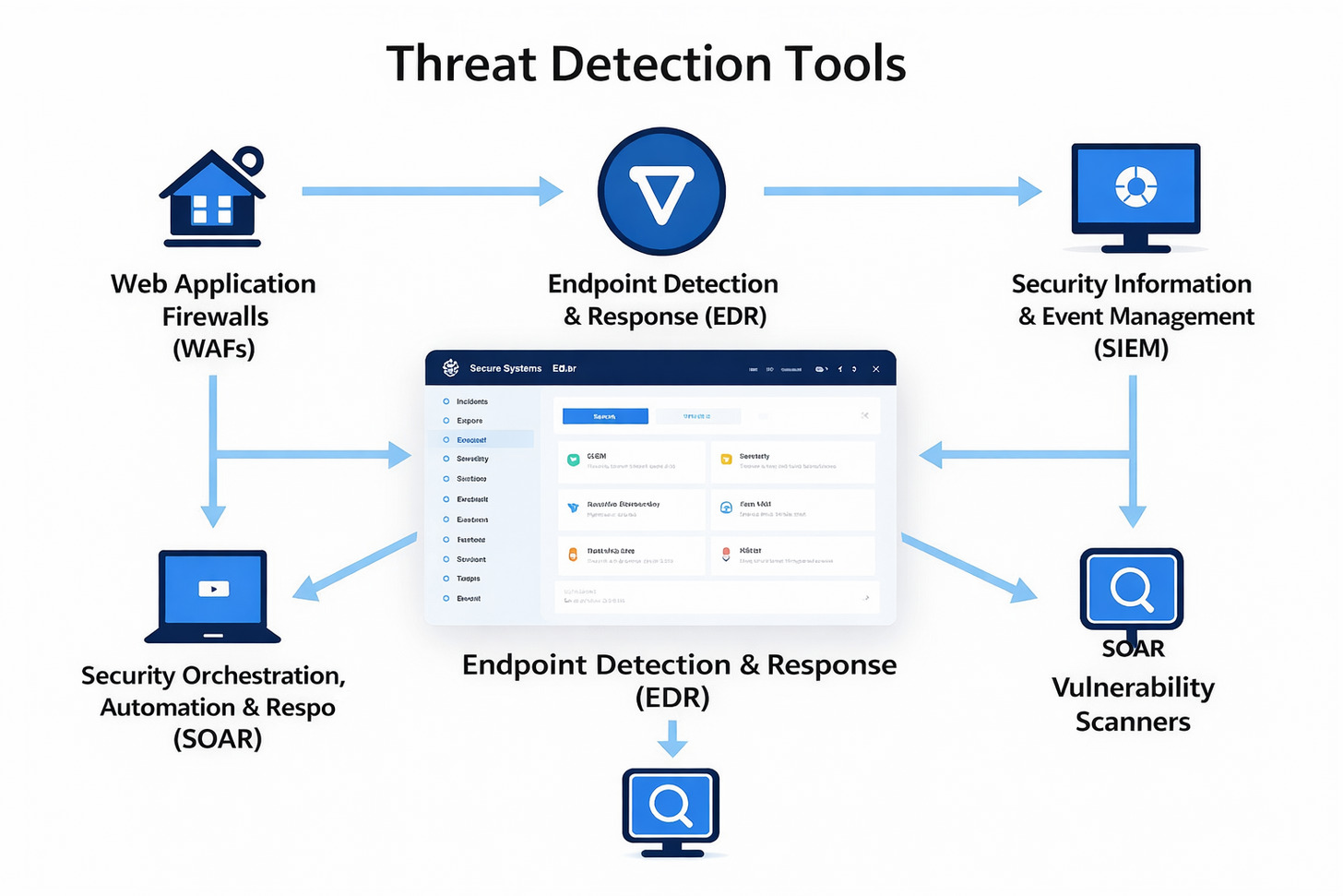 Different types of threat detection tools working together in a cybersecurity ecosystem