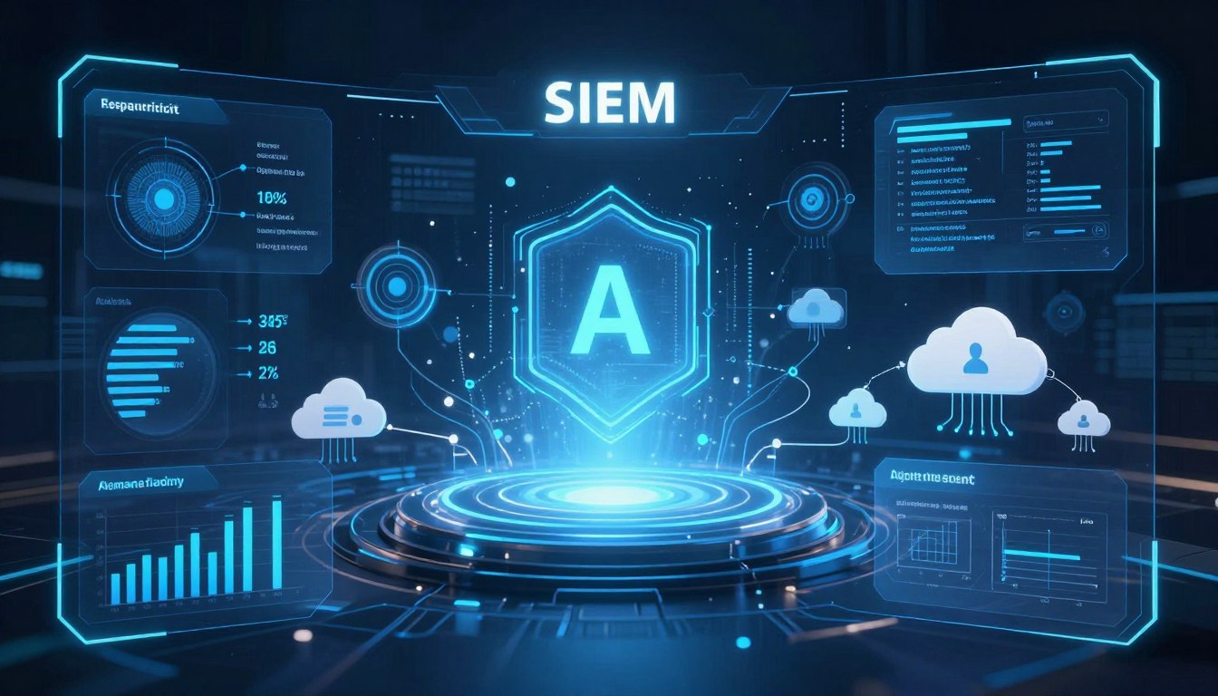 Futuristic SIEM interface with AI and machine learning components visualized