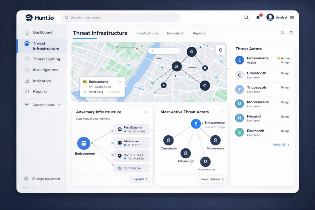 Hunt.io platform showing adversary infrastructure tracking and threat hunting capabilities