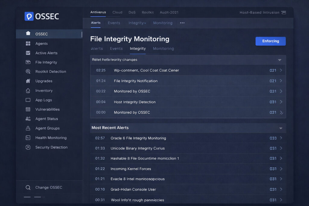 OSSEC dashboard showing host-based intrusion detection and file integrity monitoring