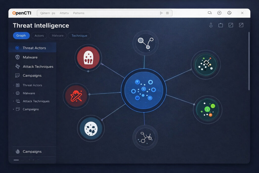 OpenCTI platform interface showing threat intelligence visualization and analysis