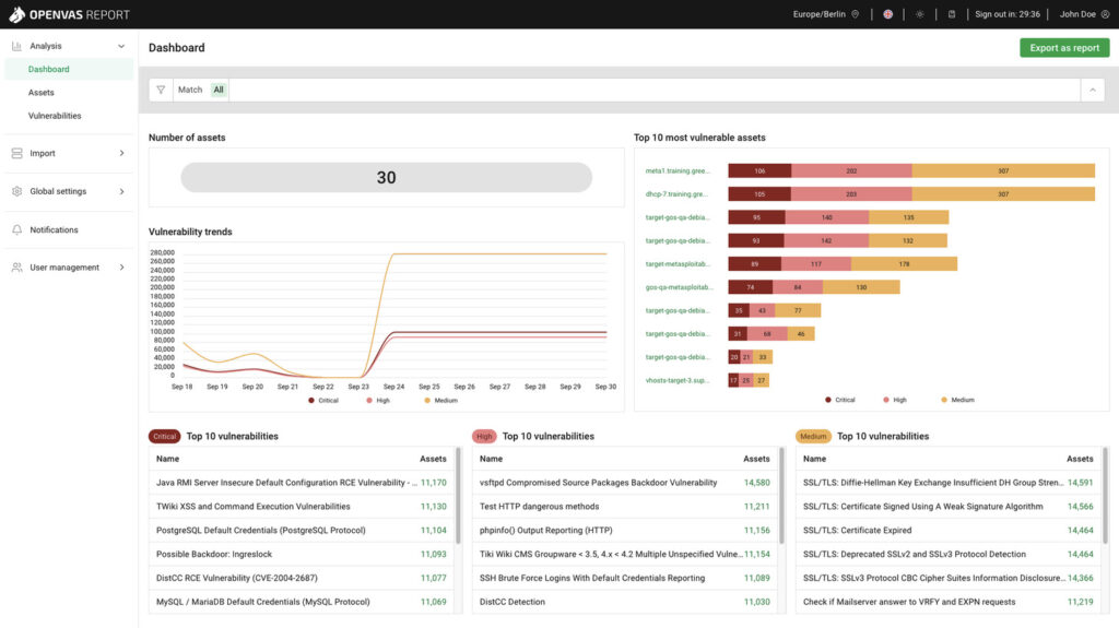OpenVAS vulnerability scanner interface showing scan results and remediation recommendations
