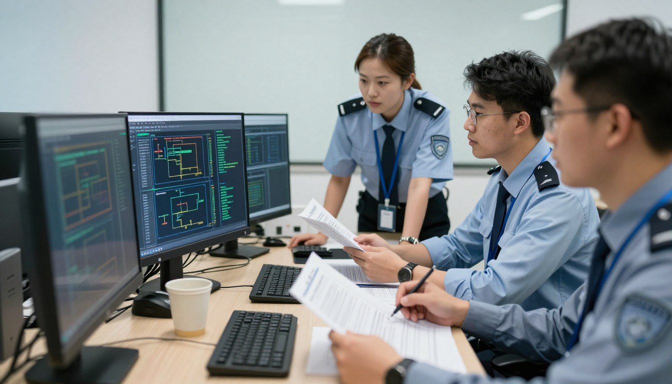 Security team implementing SIEM best practices with planning documents and system diagrams