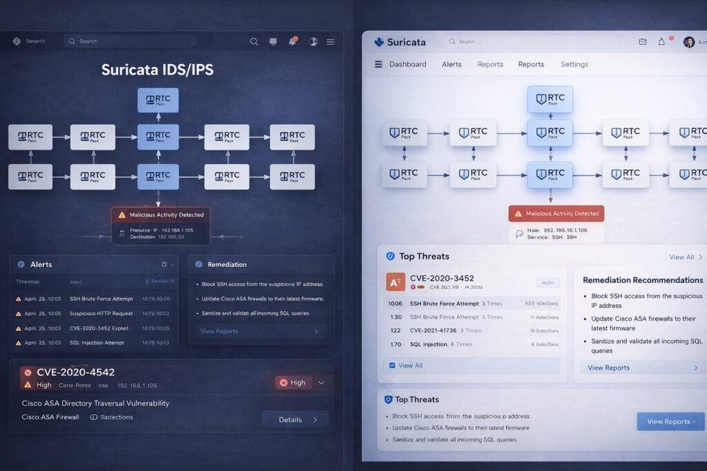 Suricata IDS/IPS monitoring network traffic and detecting malicious activity