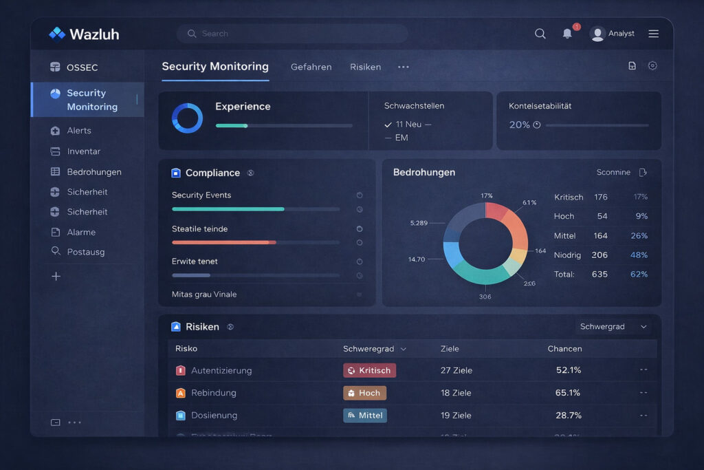 Wazuh dashboard showing security monitoring and threat detection capabilities