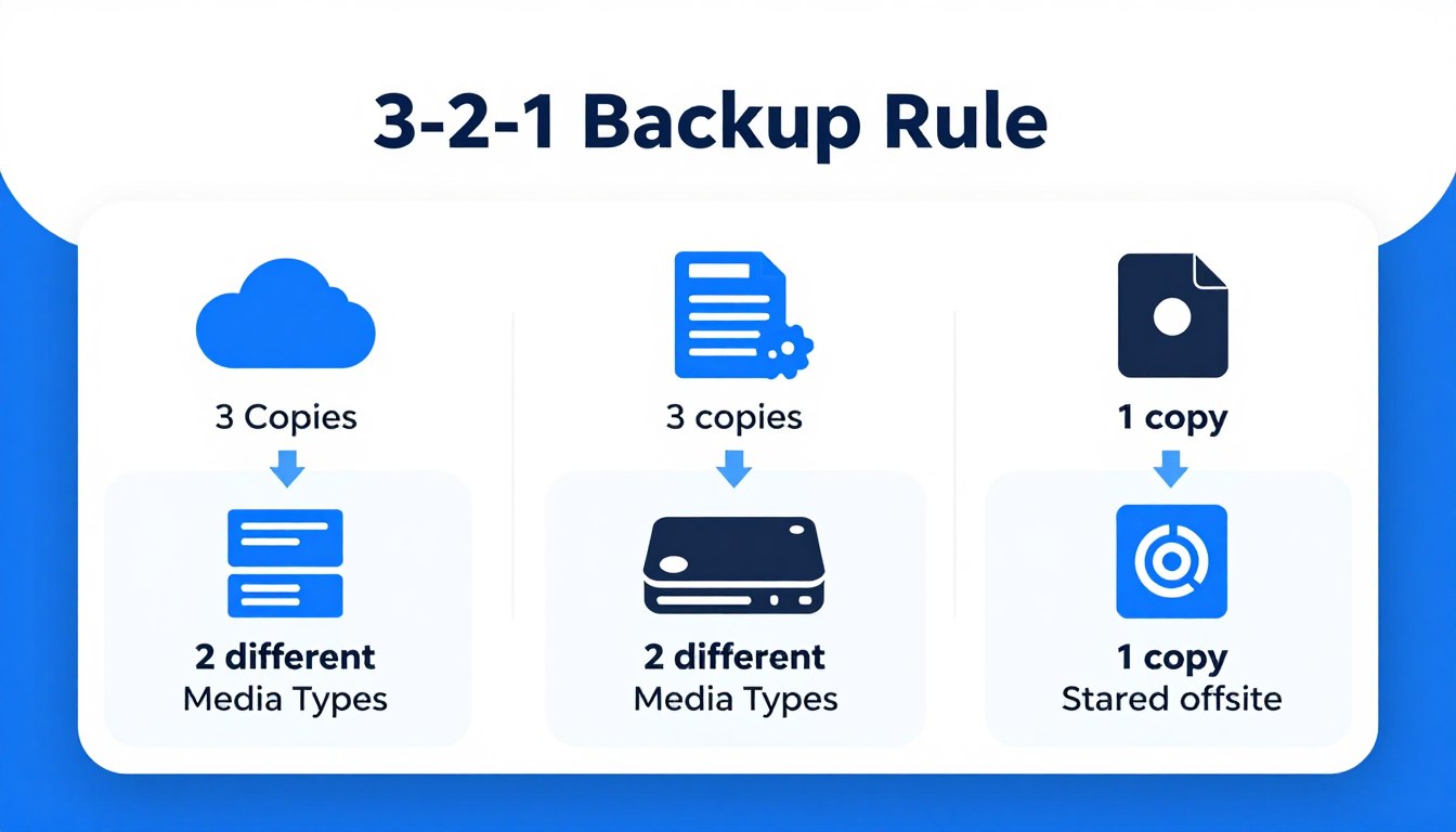 Diagram illustrating the 3-2-1 backup rule for data protection strategy Diagram illustrating the 3-2-1 backup rule for data protection strategy
