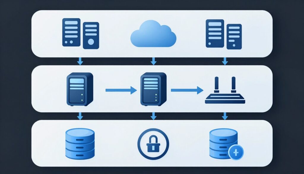 Multi-layer security architecture showing cloud, network, and data protection