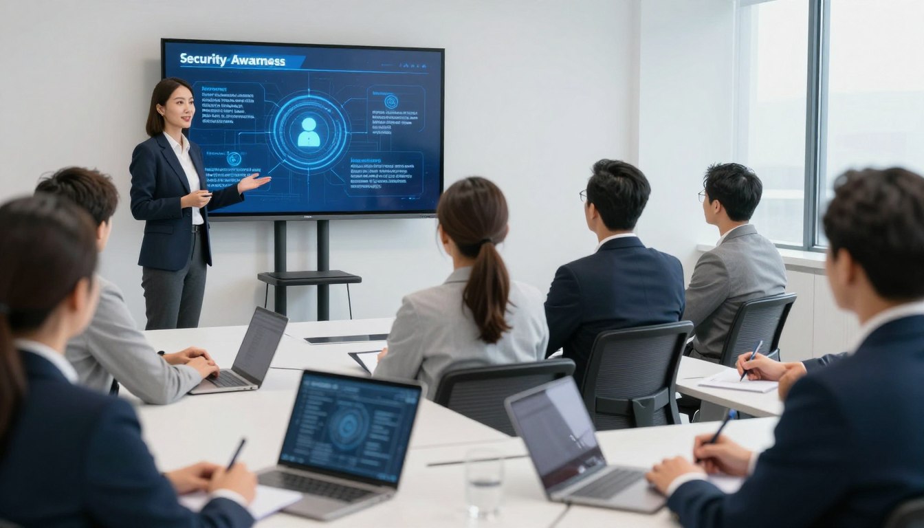 Security awareness training session showing employees learning about data protection best practices Security awareness training session showing employees learning about data protection best practices
