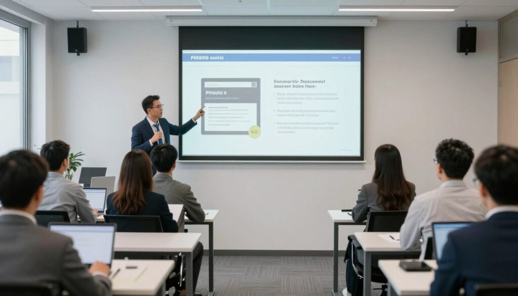 Security awareness training session with employees learning cyber threats