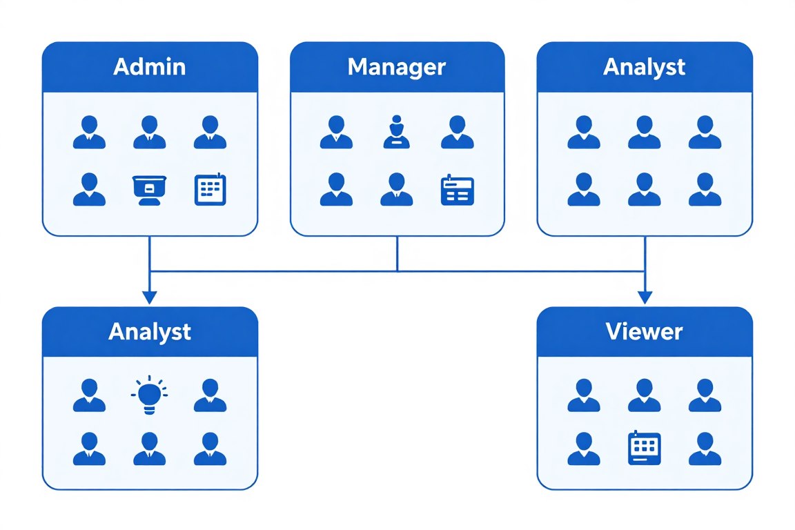 Visual representation of role-based access control showing different user roles and their corresponding access levels to protected data Visual representation of role-based access control showing different user roles and their corresponding access levels to protected data