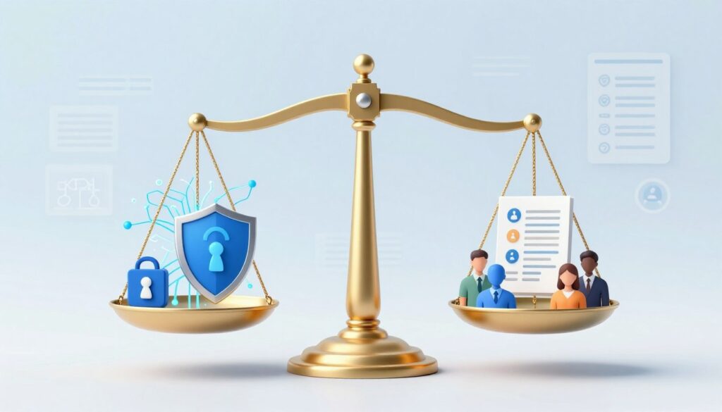 Conceptual image representing ethical AI in cybersecurity with balance scales Conceptual image representing ethical AI in cybersecurity with balance scales