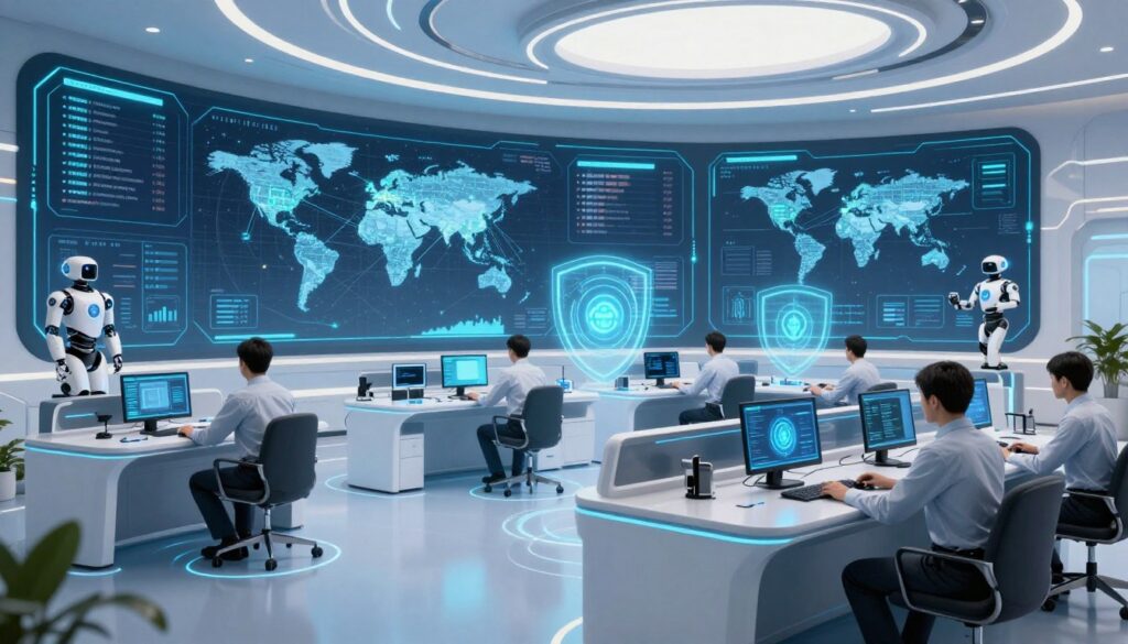 Futuristic cybersecurity operations center with advanced AI systems Futuristic cybersecurity operations center with advanced AI systems