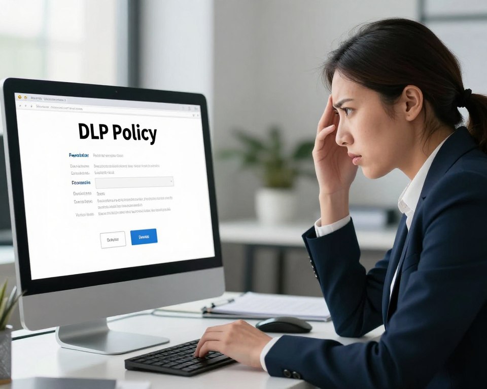 Frustrated employee dealing with false positive DLP alert blocking legitimate work