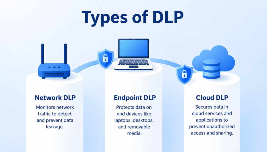 Infographic showing three types of DLP: Network DLP, Endpoint DLP, and Cloud DLP with icons and descriptions on white pedestals.
