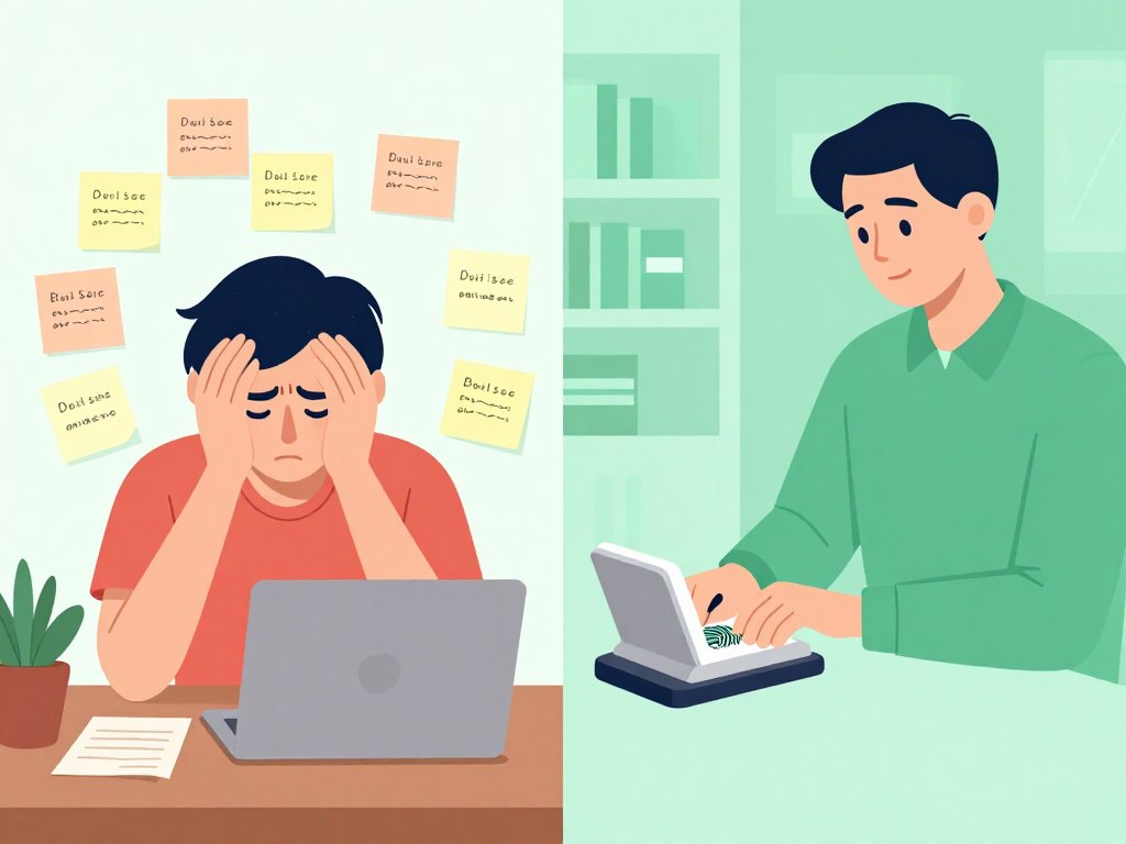 Person frustrated with multiple passwords being replaced by simple biometric authentication