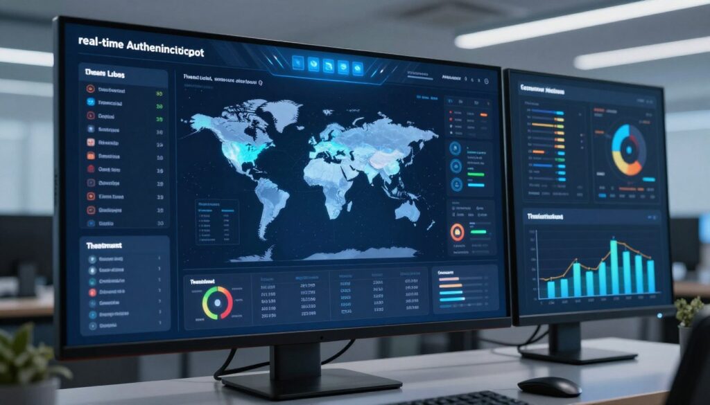 Security operations center dashboard showing authentication monitoring and alerts
