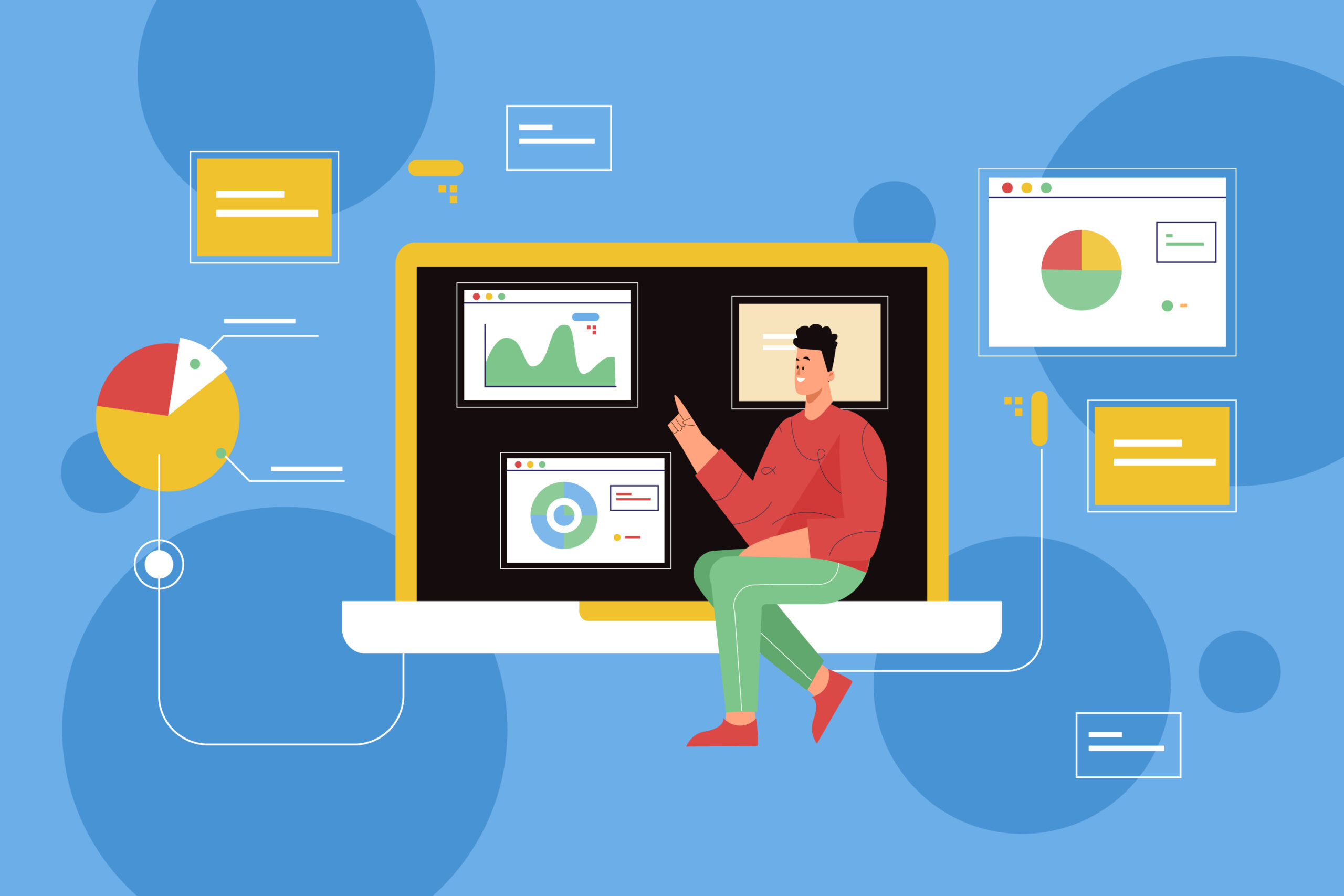 Illustration of a person presenting data on a large monitor with charts and graphs, surrounded by floating UI panels on a bright blue background.