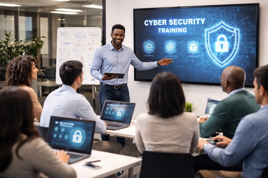 Presenter Leading a Cyber Security Training Session with a Tablet, Audience Using Laptops, Large Screen Reads 'cyber Security Training' with a Shield Icon.