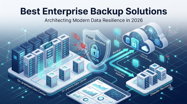 Infographic Illustrating Enterprise Backup Architecture: On‑premises Data Centers, Cloud Storage, and a 2026 Cyber Resilience Shield with Disaster Recovery Flow.