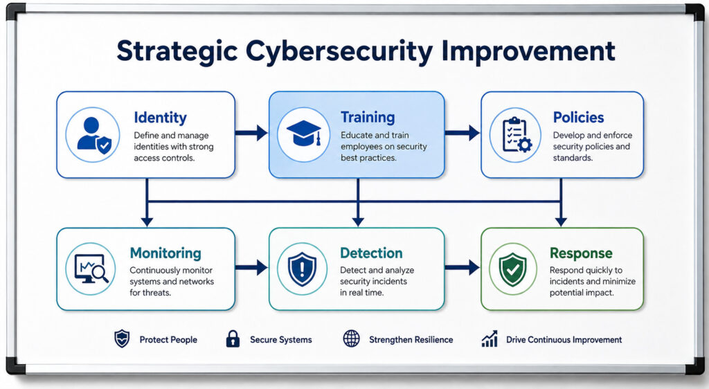 Infographic of a Six-step Cybersecurity Plan: Identity, Training, Policies, Monitoring, Detection, and Response with Arrows Showing a Workflow.