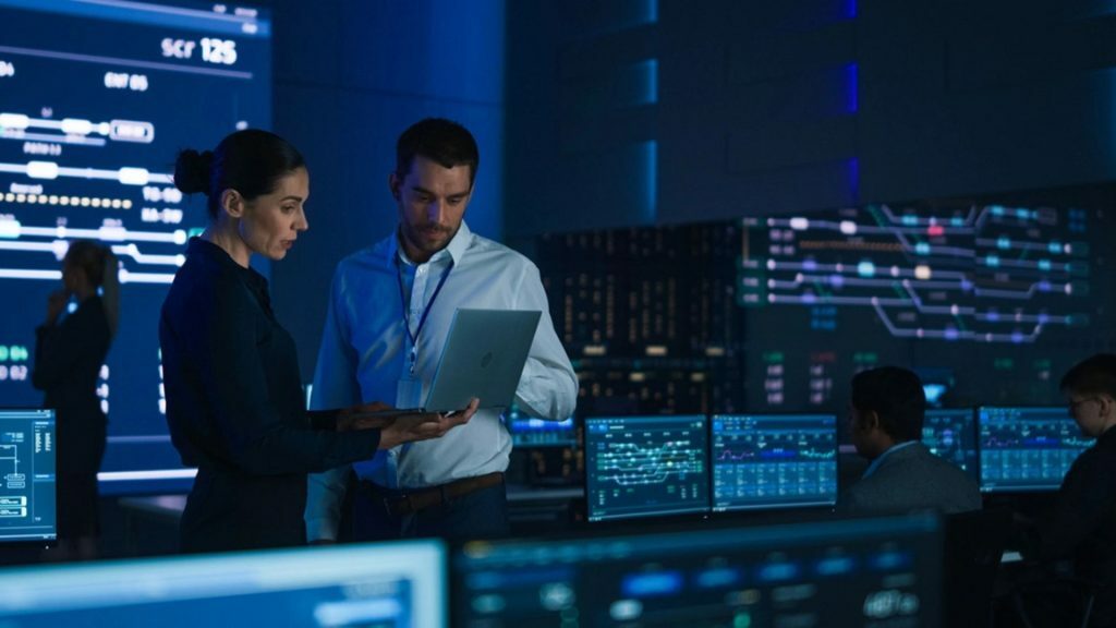 Two Professionals Review Data on a Laptop in a High-tech Control Room with Multiple Screens Displaying Graphs and Dashboards.