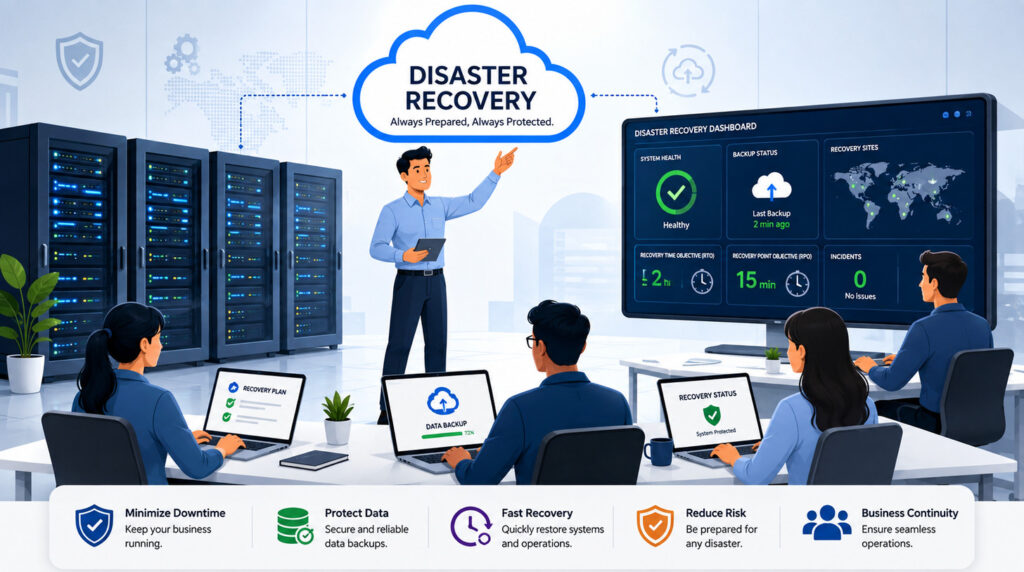 Team of It Specialists in a Data Center Presenting a Disaster Recovery Dashboard on a Large Screen with Servers in the Background.