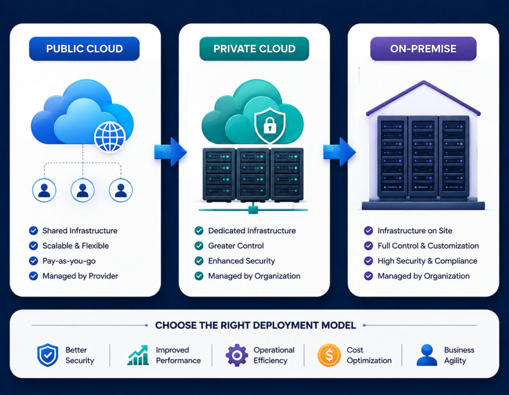 Infographic Showing Three Deployment Models—public Cloud, Private Cloud, and On-premise—each with Icons, Benefits, and a Flow from Left to Right to Help Choose the Right Model.