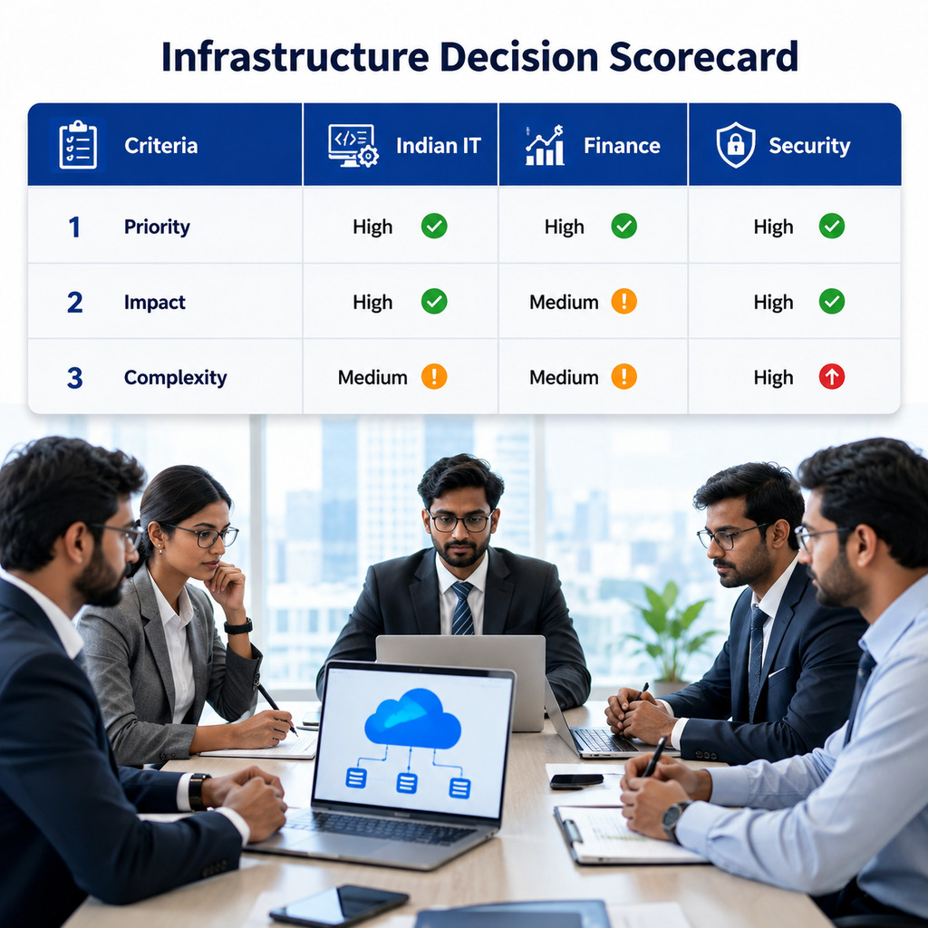a Group of Professionals in a Meeting Around Laptops, Viewing a Large Blue Infrastructure Decision Scorecard Chart Outlining Criteria and Scores for Indian It, Finance, and Security.