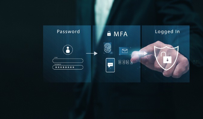 Three-panel Illustration of a Login Flow: Password Entry, Mfa Icons, and a Hand Activating a Shield Lock to Indicate Secure Login.