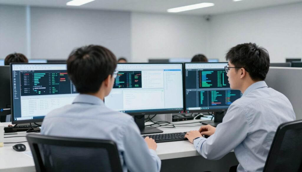 Engineers working in an IT operations command center surrounded by system monitors - Atrity Info Solutions Engineers Working in an It Operations Command Center Surrounded by System Monitors