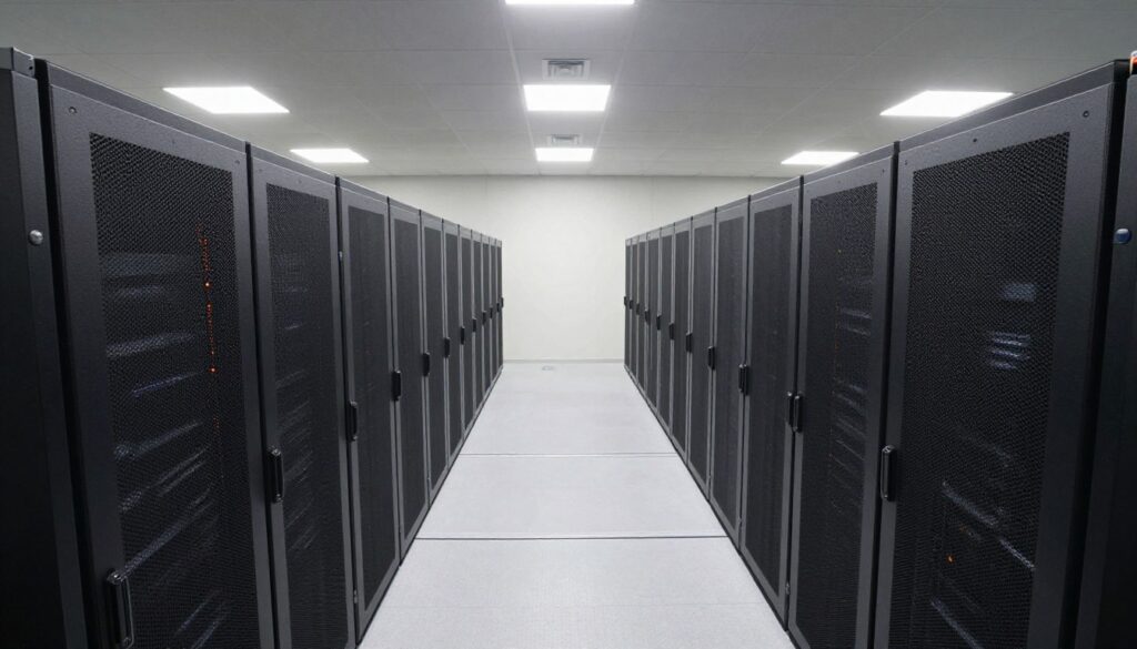 Overhead view of an organized corporate computer networking setup and server rack array - Atrity Info Solutions Overhead View of an Organized Corporate Computer Networking Setup and Server Rack Array
